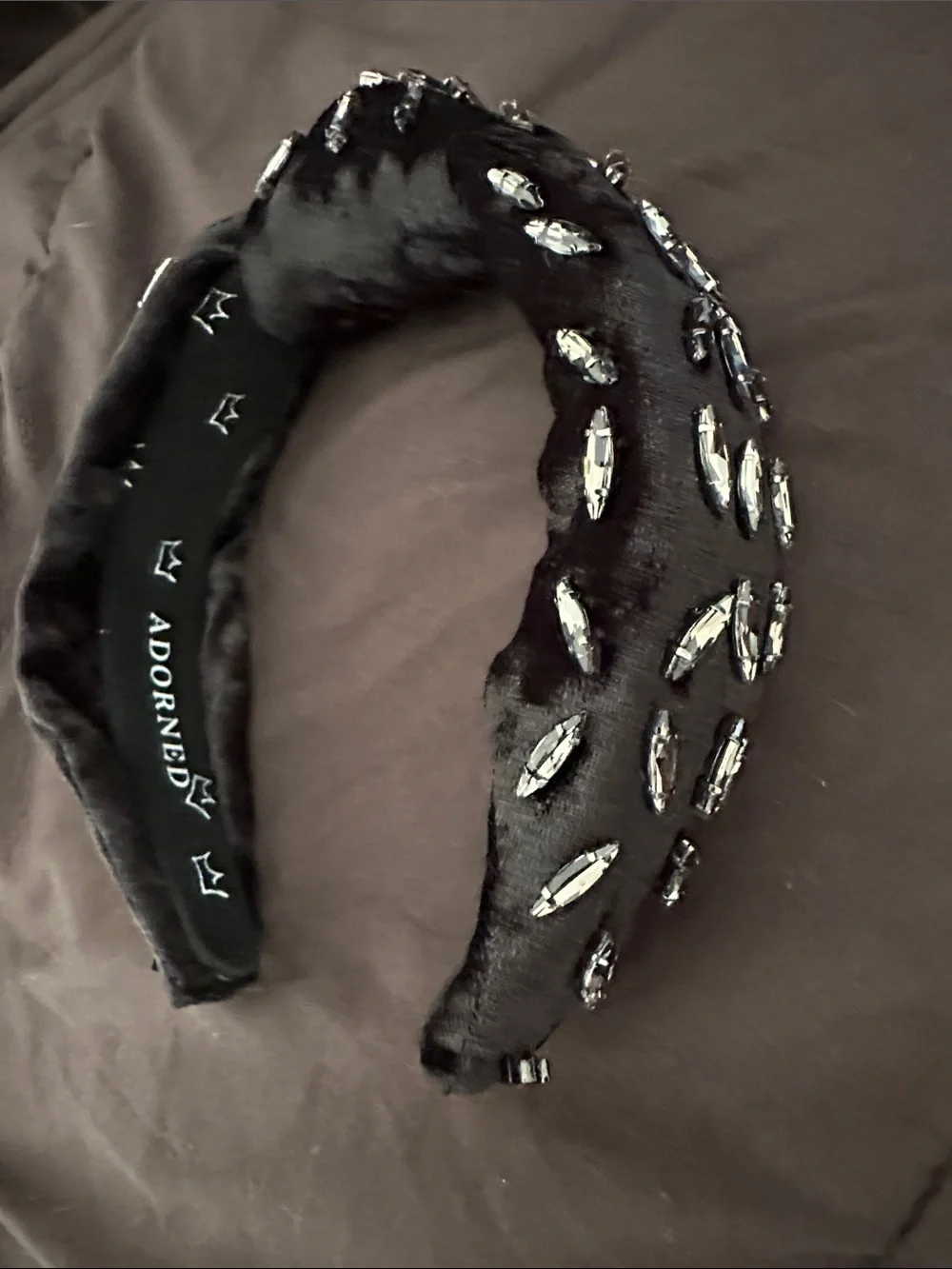 ADORNED Luxury Black Velvet Padded Headband with Crystal Accents